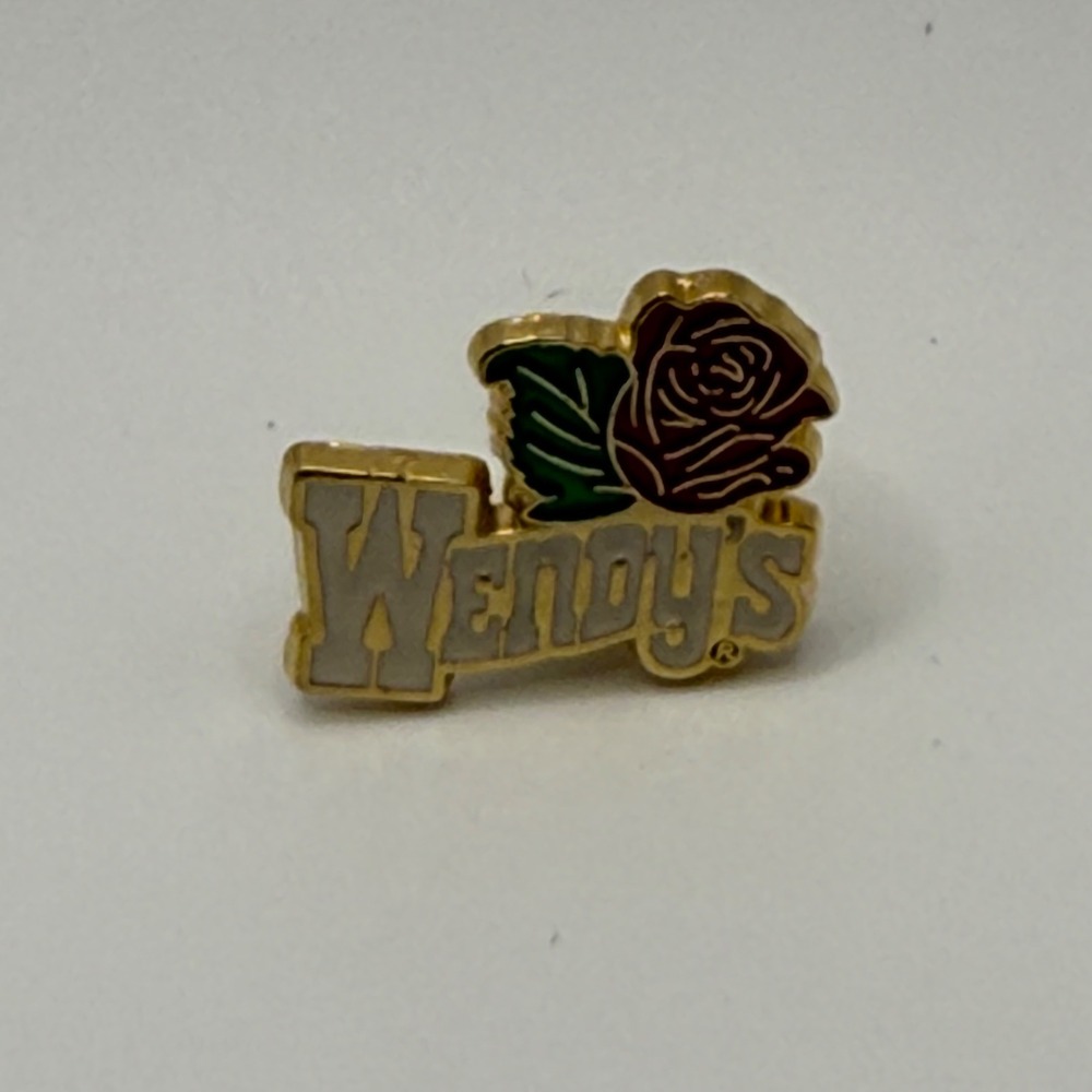 Vintage Wendy's Fast Food Logo Red Rose Enamel Lapel Pin Gold Tone Collectible